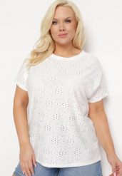 Biały T-shirt Koszulka z Krótkim Rękawem z Ażurowej Tkaniny Nispia. Białe bluzki damskie Born2be, plus size, w ażurowe wzory, z jeansu, eleganckie, bez kołnierzyka, plus size, bez ramiączek. Za 34.99 zł.