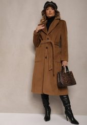 Brązowy Długi Płaszcz Jednorzędowy z Paskiem w Talii Zeneti. Brązowe płaszcze damskie Renee, l, bez wzorów, eleganckie. Za 149.99 zł.