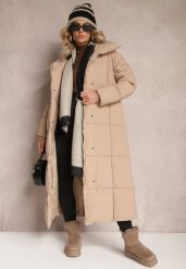 Beżowa Długa Kurtka Pikowana Płaszcz z Paskiem Adellesstta. Brązowe kurtki damskie Renee, l, z aplikacjami, eleganckie. Za 269.99 zł.