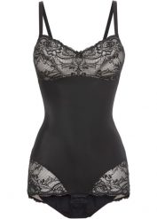 Body modelujące z ozdobnymi elementami, średni stopień modelowania sylwetki. Czarne body damskie bonprix, bez wzorów, z koronki. Za 159.99 zł.