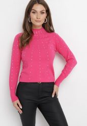 Różowy Sweter z Golfem Ozdobiony Kompozycją z Cyrkonii Ruittes. Czerwone golfy damskie Born2be, m, z aplikacjami, bez ramiączek. Za 99.99 zł.