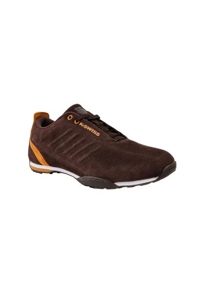 Buty - sportowe - męskie - K-SWISS - ARVEE 2.0 SDE - brązowe z złotymi akcentami. Brązowe buty sportowe na co dzień męskie K-Swiss, z gumy, bez zapięcia, trekkingowe. Za 259.00 zł.