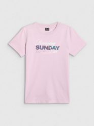 4F T-shirt regular z nadrukiem damski - różowy XXL. Czerwone t-shirty damskie 4f, xxl, bez wzorów, z bawełny, bez kołnierzyka. Za 59.99 zł.