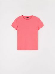 Bawełniana koszulka - koralowy. Pomarańczowe t-shirty damskie Sinsay, l, bez wzorów, z bawełny, bez kołnierzyka. W wyprzedaży za 5.99 zł.