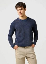 WRANGLER MĘSKA SWETER WRANGLER CREWNECK SWEATER NAVY 112364288. Niebieskie swetry męskie Wrangler, l, bez wzorów, bez kołnierzyka. Za 179.99 zł.