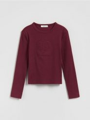 Koszulka z wypukłą aplikacją - bordowy. Czerwone koszulki dziewczęce Reserved, z aplikacjami, z bawełny, bez ramiączek. Za 39.99 zł.