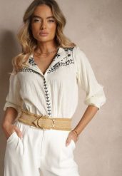 Beżowa Bawełniana Koszula Boho z Haftowanym Wzorem Gonniva. Brązowe koszule damskie Renee, l, bez wzorów, z bawełny, boho, bez kołnierzyka, bez ramiączek. Za 89.99 zł.