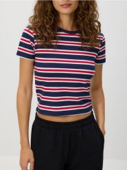 Krótki t-shirt w paski - granatowy. Niebieskie t-shirty damskie Reserved, l, bez wzorów, z bawełny, bez kołnierzyka. W wyprzedaży za 19.99 zł.