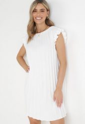 Biała Pudełkowa Sukienka Mini z Plisowanej Tkaniny z Wiskozy i Bawełny Ematisa. Białe sukienki damskie Born2be, na imprezę, l, bez wzorów, z bawełny, eleganckie, bez kołnierzyka, bez ramiączek, mini. W wyprzedaży za 59.99 zł.