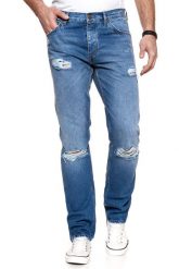 SPODNIE MĘSKIE WRANGLER GREENSBORO BLOW OUT W15QGW15S 112126914. Niebieskie spodnie materiałowe męskie Wrangler, bez wzorów, z jeansu. Za 219.99 zł.