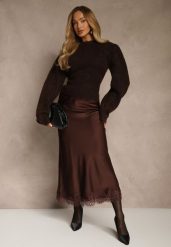 Brązowa Spódnica z Satyny Zdobiona Koronką Marefera. Brązowe spódniczki damskie Renee, l, z aplikacjami, z koronki, maxi, oversize. Za 119.99 zł.