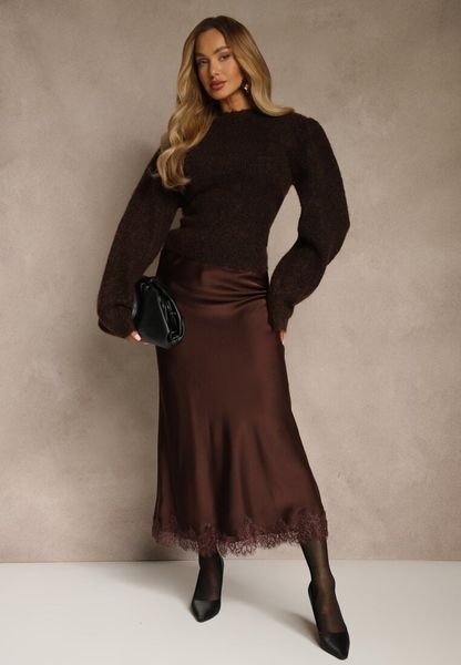 Brązowa Spódnica z Satyny Zdobiona Koronką Marefera. Brązowe spódniczki damskie Renee, l, z aplikacjami, z koronki, maxi, oversize. Za 119.99 zł.