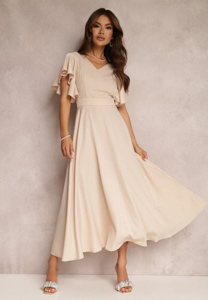 Beżowa Sukienka o Rozkloszowanym Kroju z Falbanami Bouchard. Brązowe sukienki damskie Renee, na spotkanie biznesowe, m, bez wzorów, klasyczne, bez kołnierzyka, bez ramiączek, maxi, kopertowe. Za 179.99 zł.