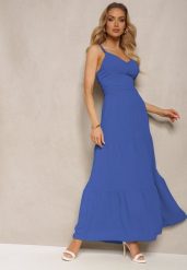 Granatowa Sukienka na Ramiączkach z Regulacją z Gumką w Talii i Falbanką Faviara. Niebieskie sukienki damskie Renee, na co dzień, na lato, l, bez wzorów, z jeansu, eleganckie, bez kołnierzyka, bez ramiączek, maxi. Za 79.99 zł.