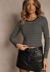 Czarna Bluzka Longsleeve Ozdobiona Paskami i Cyrkoniami Ralenea. Czarne bluzki damskie Renee, l, bez wzorów, z jeansu, eleganckie, bez kołnierzyka, bez ramiączek. Za 49.99 zł.