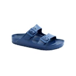 Klapki damskie Birkenstock Arizona Eva. Niebieskie klapki damskie Birkenstock, bez wzorów, z materiału, bez obcasa. Za 334.00 zł.