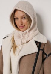Beżowa Czapka Kominiarka z Wełną o Kroju Kaptura z Kominem Linezra. Brązowe czapki zimowe damskie Born2be, z dzianiny. Za 79.99 zł.