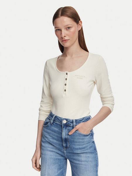 Guess Bluzka W6YP60 K5318 Kremowy Slim Fit. Białe bluzki damskie Guess, l, z aplikacjami, z wiskozy, bez kołnierzyka, bez ramiączek. Za 284.99 zł.