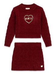 Guess Komplet sweter i spódnica K6BG03 Z1290 Czerwony ciemny Regular Fit. Czerwone swetry dziewczęce Guess, z aplikacjami, bez kołnierzyka. Za 284.99 zł.
