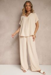 Jasnobeżowy Komplet Bluzka i Luźne Spodnie z Wiskozą i Kieszonkami Efraria. Brązowe spodnie materiałowe damskie Renee, z aplikacjami, z materiału, eleganckie. Za 79.99 zł.