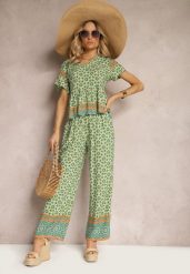 Zielony Komplet z Wiskozy w Stylu Boho Bluzka z Krótkim Rękawem i Spodnie z Gumką w Pasie Valesia. Zielone spodnie materiałowe damskie Renee, bez wzorów, z materiału, boho. Za 59.99 zł.