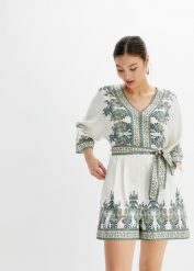 Kombinezon z domieszką lnu. Brązowe kombinezony damskie bonprix, bez wzorów, eleganckie, bez kołnierzyka, bez ramiączek. Za 209.99 zł.