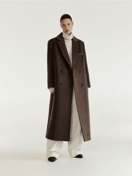 Płaszcz oversize z wełną - brązowy. Brązowe płaszcze damskie Reserved, l, bez wzorów, z tkaniny. Za 599.99 zł.