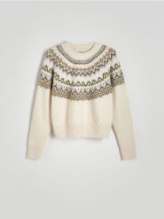 Wzorzysty sweter z metalizowaną nitką - wielobarwny. Swetry klasyczne damskie Reserved, l, z dzianiny, bez kołnierzyka. W wyprzedaży za 49.99 zł.