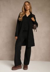 Czarny Komplet z Dzianiny z Wełną Długi Kardigan Kamizelka i Spodnie Netivia. Czarne spodnie materiałowe damskie Renee, bez wzorów, z bawełny. Za 159.99 zł.