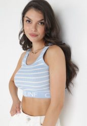Jasnoniebieski Krótki Top w Paski Duiel. Niebieskie topy damskie Born2be, bez wzorów, bez kołnierzyka. Za 64.99 zł.