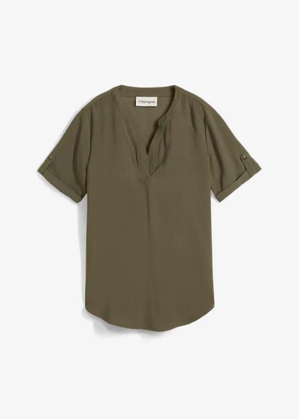 Bluzka z krótkim rękawem z mieszanki wiskozy. Zielone bluzki damskie bonprix, bez wzorów, z wiskozy, bez kołnierzyka, bez ramiączek. Za 59.99 zł.