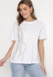 Biały T-shirt Bawełniany z Cyrkoniami Felnella. Białe t-shirty damskie Born2be, l, bez wzorów, z bawełny, bez kołnierzyka. Za 34.99 zł.