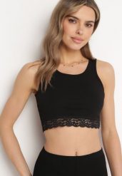 Czarny Bawełniany Top na Ramiączkach z Ozdobną Koronką Builda. Czarne topy damskie Born2be, m, bez wzorów, z bawełny, bez kołnierzyka. Za 19.99 zł.