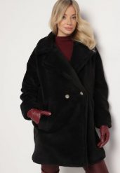 Czarny Długi Płaszcz Futerko Dwurzędowe w Stylu Teddy Malwirae. Czarne płaszcze damskie Born2be, l, bez wzorów, z futra, eleganckie. Za 169.99 zł.
