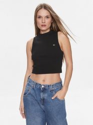 Tommy Jeans Top DW0DW17533 Czarny Regular Fit. Czarne topy damskie Tommy Jeans, l, bez wzorów, z bawełny, bez kołnierzyka. Za 99.99 zł.