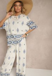 Beżowo-Niebieski Komplet z Wiskozy w Etniczny Wzór Szerokie Spodnie i T-shirt Sarivianne. Niebieskie spodnie materiałowe damskie Renee, bez wzorów, z wiskozy, eleganckie. Za 74.99 zł.