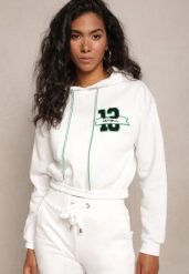 Biała Krótka Bluza z Kapturem Ściągaczami i Ozdobnym Nadrukiem Relis. Białe bluzy sportowe damskie Renee, l, z aplikacjami, bez ramiączek, krótkie, z kapturem. Za 34.99 zł.