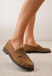 Jasnobrązowe Mokasyny VICES z Wkładką ze Skóry Naturalnej i Przeszyciami Astanie. Brązowe mokasyny damskie Renee, z jeansu. Za 89.99 zł.