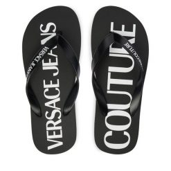 Japonki Versace Jeans Couture. Czarne klapki damskie Versace Jeans Couture, bez wzorów, z jeansu, bez obcasa. Za 249.99 zł.