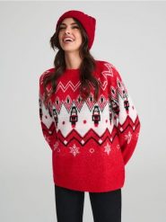 Sweter z motywem świątecznym - czerwony. Czerwone swetry klasyczne damskie Sinsay, l, bez kołnierzyka. Za 59.99 zł.