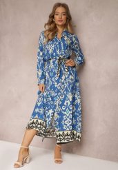 Niebieska Sukienka Koszulowa Rozkloszowana z Wiązaniem Vern. Niebieskie sukienki damskie Renee, na co dzień, m, bez wzorów, eleganckie, bez kołnierzyka, bez ramiączek, maxi, koszulowe. W wyprzedaży za 77.99 zł.
