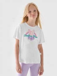 4F T-shirt regular z nadrukiem dziewczęcy - biały 146 (10-11 lat). Białe koszulki dziewczęce 4f, bez wzorów, z bawełny, bez ramiączek. W wyprzedaży za 19.99 zł.