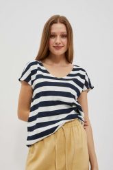 T-shirt w paski z dekoltem w serek i krótkimi rękawami granatowy. Niebieskie t-shirty damskie MOODO, xs, bez wzorów, z bawełny, bez kołnierzyka. W wyprzedaży za 29.99 zł.