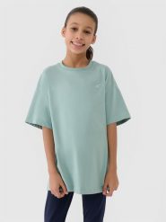 4F T-shirt oversize gładki dziewczęcy - turkusowy 128 (7-8 lat). Niebieskie koszulki dziewczęce 4f, bez wzorów, z bawełny, bez ramiączek. W wyprzedaży za 29.99 zł.