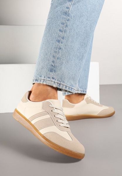 Beżowo-Białe Sneakersy Tenisówki z Ozdobnymi Paskami Danavin. Brązowe trampki i tenisówki damskie Born2be, bez wzorów, z jeansu. Za 89.99 zł.