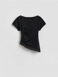 T-shirt z koronką - czarny. Czarne t-shirty damskie Reserved, l, bez wzorów, z bawełny, bez kołnierzyka. Za 89.99 zł.