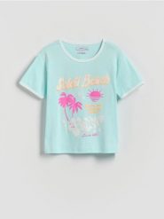 T-shirt z brokatowym nadrukiem - jasnoturkusowy. Niebieskie koszulki dziewczęce Reserved, bez wzorów, z bawełny, bez ramiączek. W wyprzedaży za 25.99 zł.