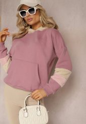 Ciemnoróżowa Bawełniana Bluza z Kapturem i Wstawkami z Polaru Qilin. Czerwone bluzy z kapturem damskie Renee, z bawełny. Za 84.99 zł.