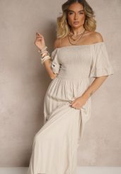 Jasnobeżowa Rozkloszowana Sukienka Hiszpanka z Bawełny z Elastyczną Górą Maissa. Brązowe sukienki damskie Renee, na co dzień, l, bez wzorów, z bawełny, eleganckie, bez kołnierzyka, bez ramiączek, midi, rozkloszowane. W wyprzedaży za 41.99 zł.