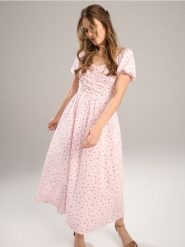 Bawełniana sukienka midi z bufiastym rękawem w kwiatki - wielobarwny. Sukienki damskie Sinsay, l, bez wzorów, z bawełny, bez kołnierzyka, bez ramiączek, midi. Za 79.99 zł.